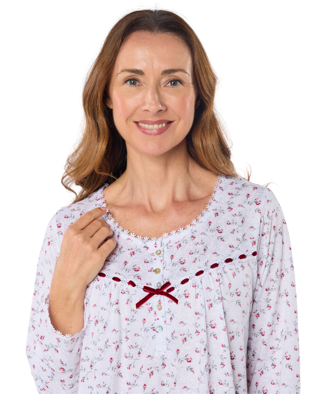Velvet Rose Nightdress, Cotton Rich, Jersey, Long Sleeve, Button Detail with Bow