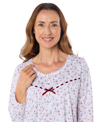 Velvet Rose Nightdress, Cotton Rich, Jersey, Long Sleeve, Button Detail with Bow