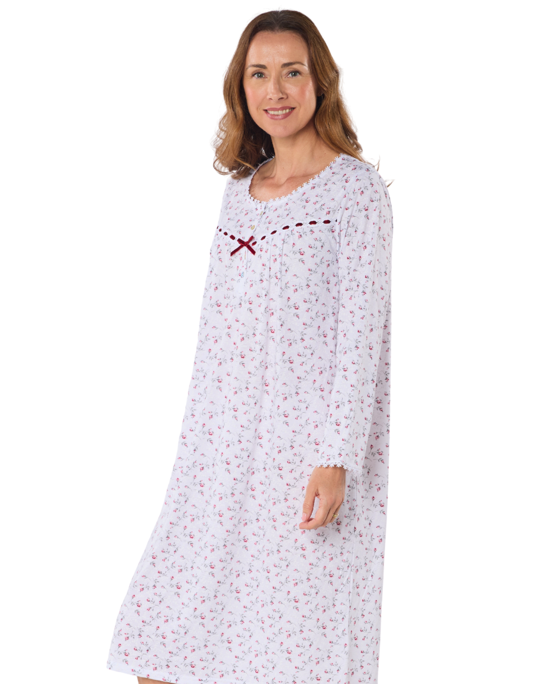 Velvet Rose Nightdress, Cotton Rich, Jersey, Long Sleeve, Button Detail with Bow
