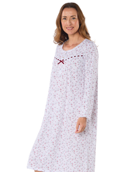 Velvet Rose Nightdress, Cotton Rich, Jersey, Long Sleeve, Button Detail with Bow