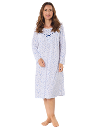 Velvet Rose Nightdress, Cotton Rich, Jersey, Long Sleeve, Button Detail with Bow
