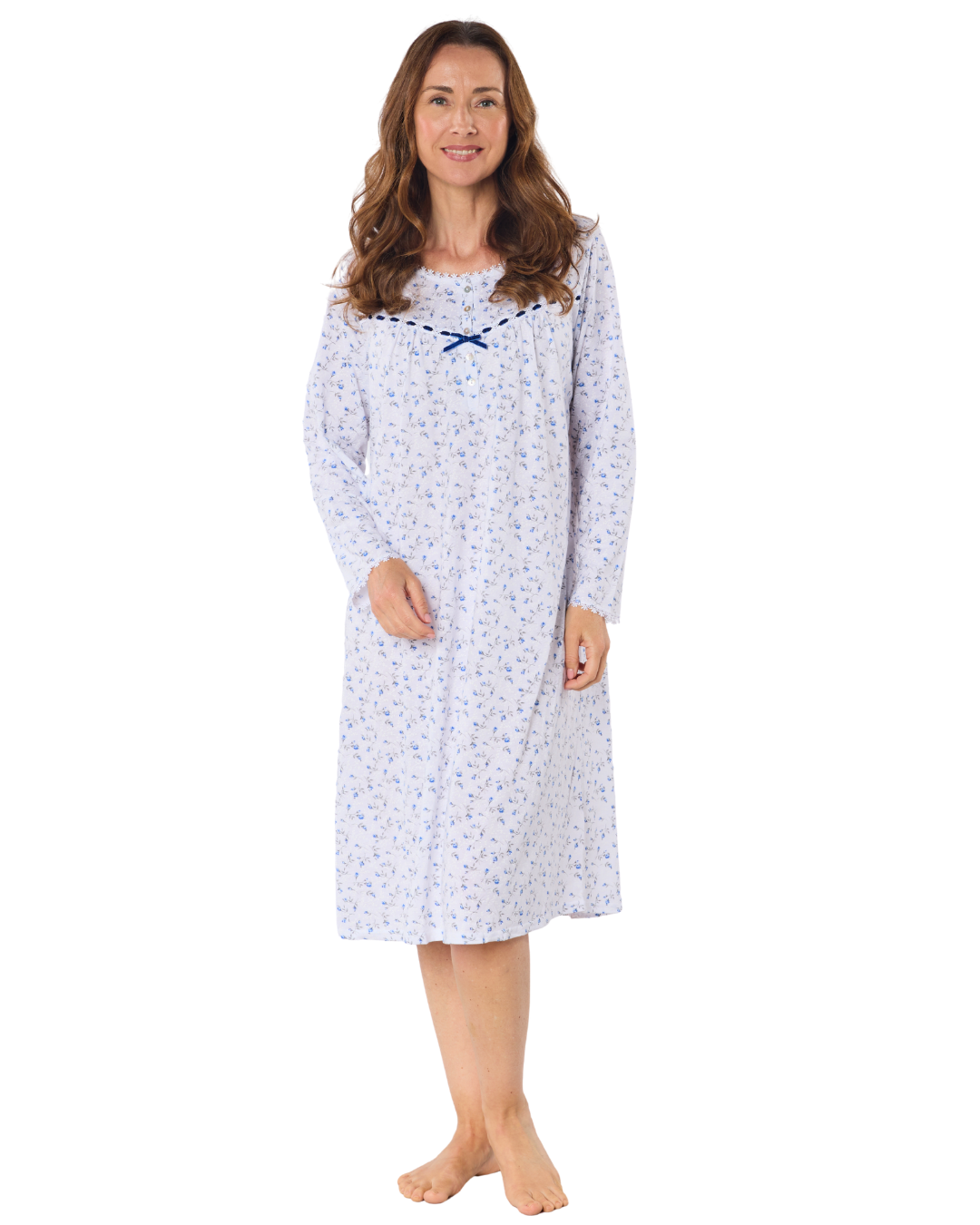 Velvet Rose Nightdress, Cotton Rich, Jersey, Long Sleeve, Button Detail with Bow