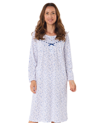 Velvet Rose Nightdress, Cotton Rich, Jersey, Long Sleeve, Button Detail with Bow