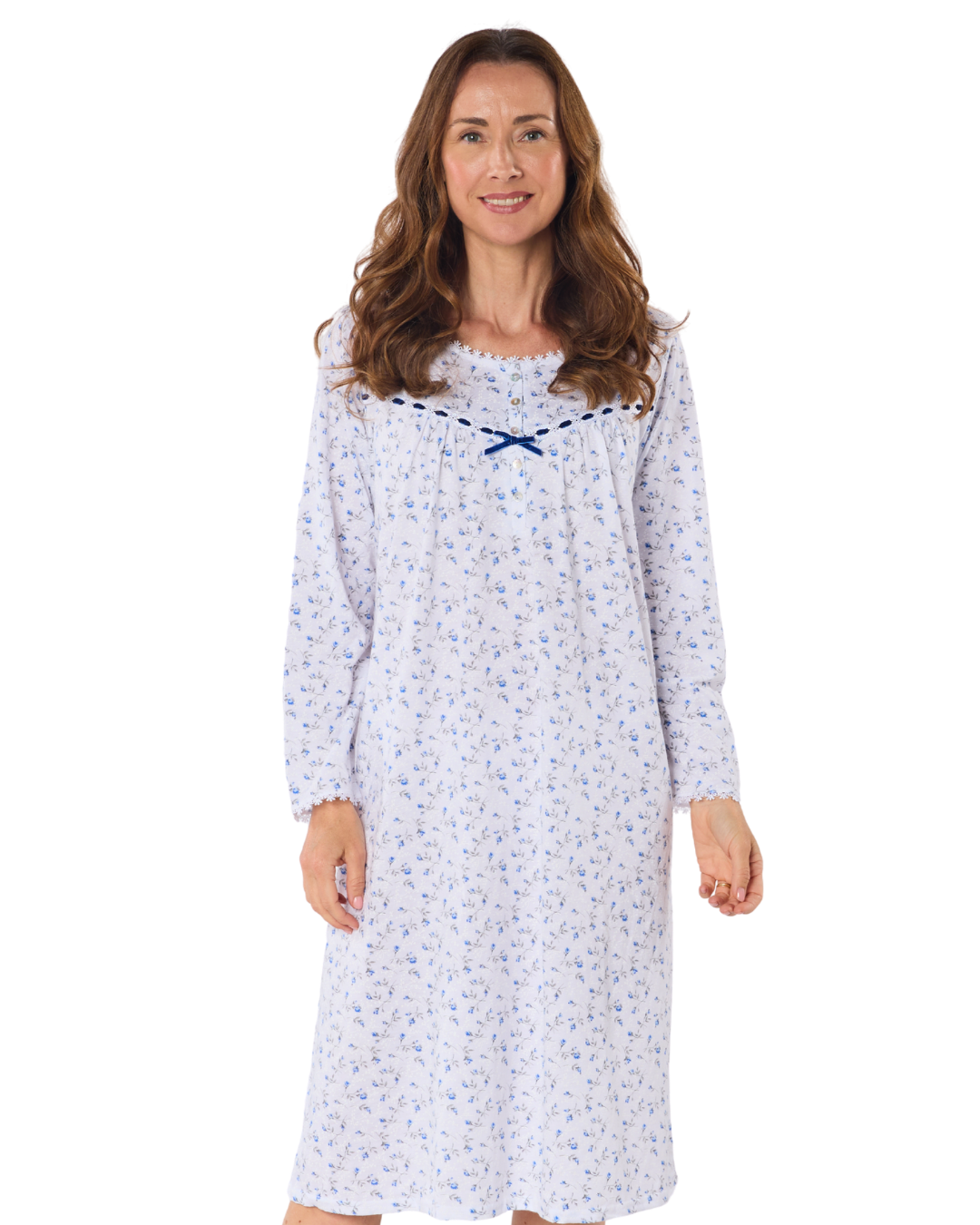 Velvet Rose Nightdress, Cotton Rich, Jersey, Long Sleeve, Button Detail with Bow
