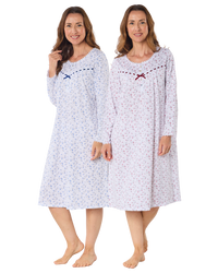 Velvet Rose Nightdress, Cotton Rich, Jersey, Long Sleeve, Button Detail with Bow