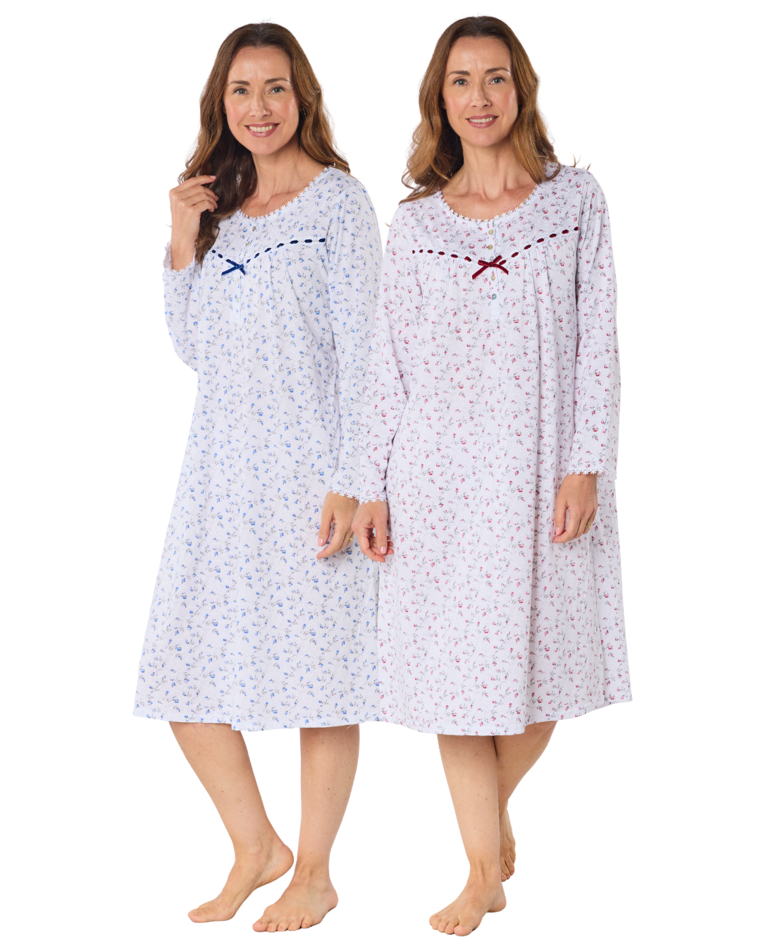 Velvet Rose Nightdress, Cotton Rich, Jersey, Long Sleeve, Button Detail with Bow