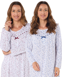 Velvet Rose Nightdress, Cotton Rich, Jersey, Long Sleeve, Button Detail with Bow