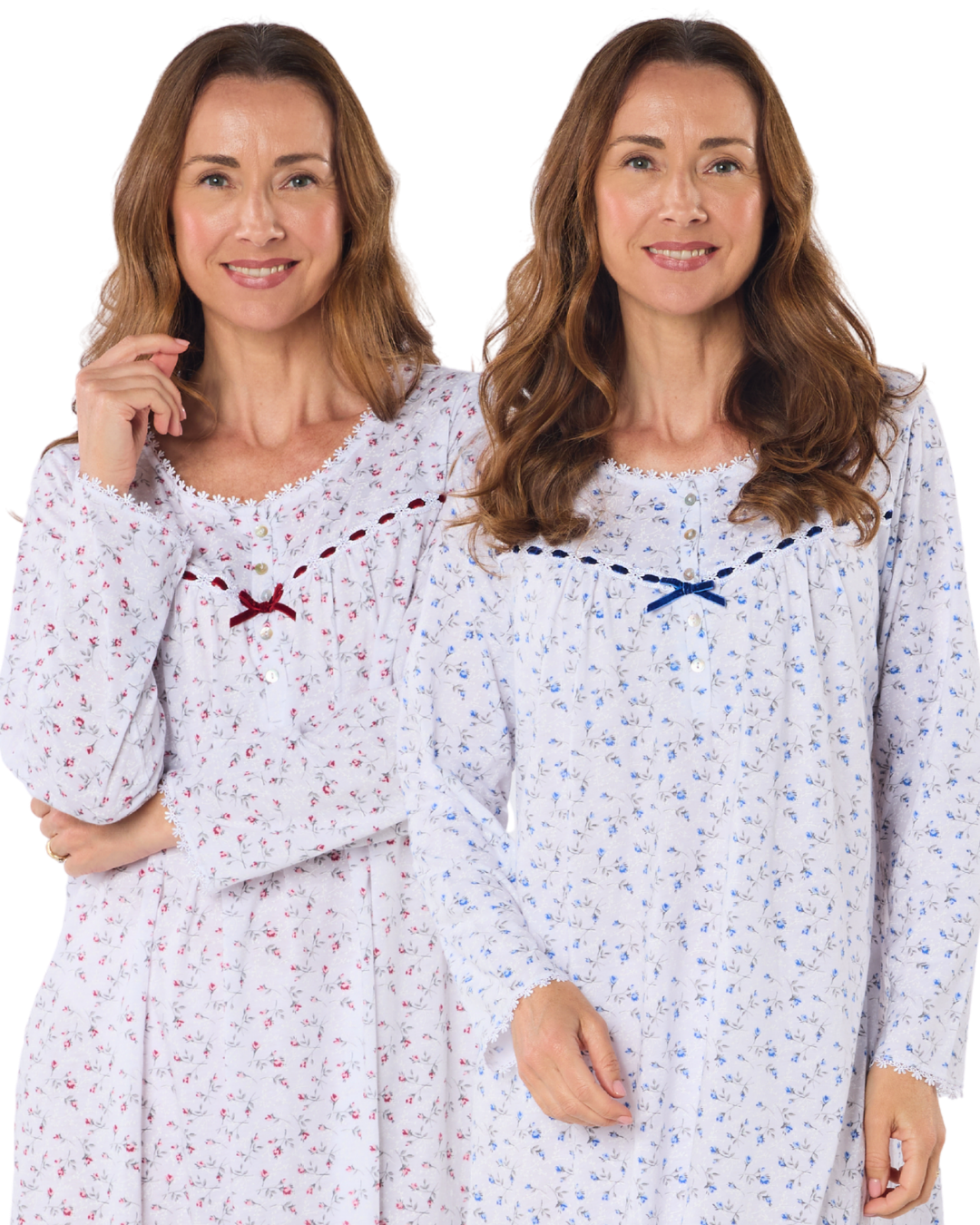 Velvet Rose Nightdress, Cotton Rich, Jersey, Long Sleeve, Button Detail with Bow