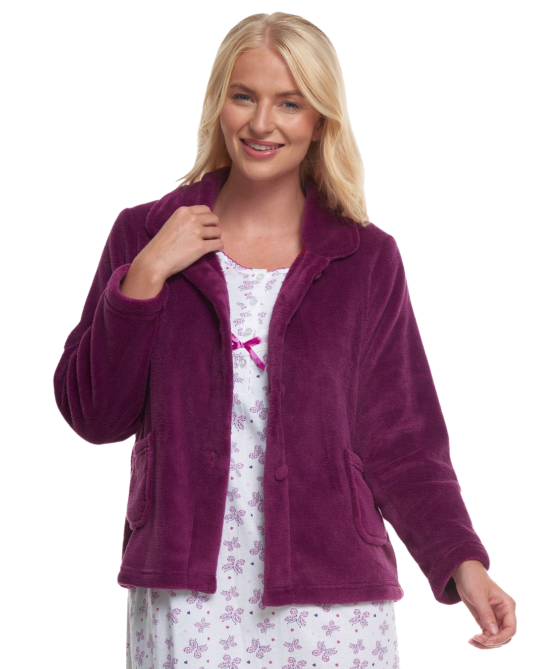 Women's Coral Fleece Long Sleeve Button Fastening Bed Jacket