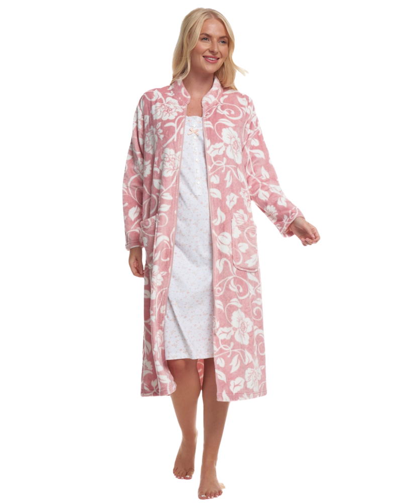 long zipped dressing gown ladies Jggspwm Womens Fleece Robe Plush Long Zip Front Bathrobe with Pockets Zipper Soft Thickened Warm Long Home Nightgown for Women Pink L