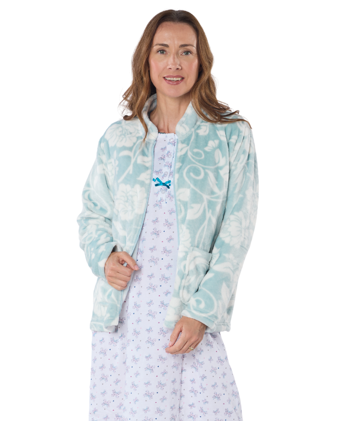 Women's Elegance Printed Fleece Long Sleeve Zip Fastening Bed Jacket