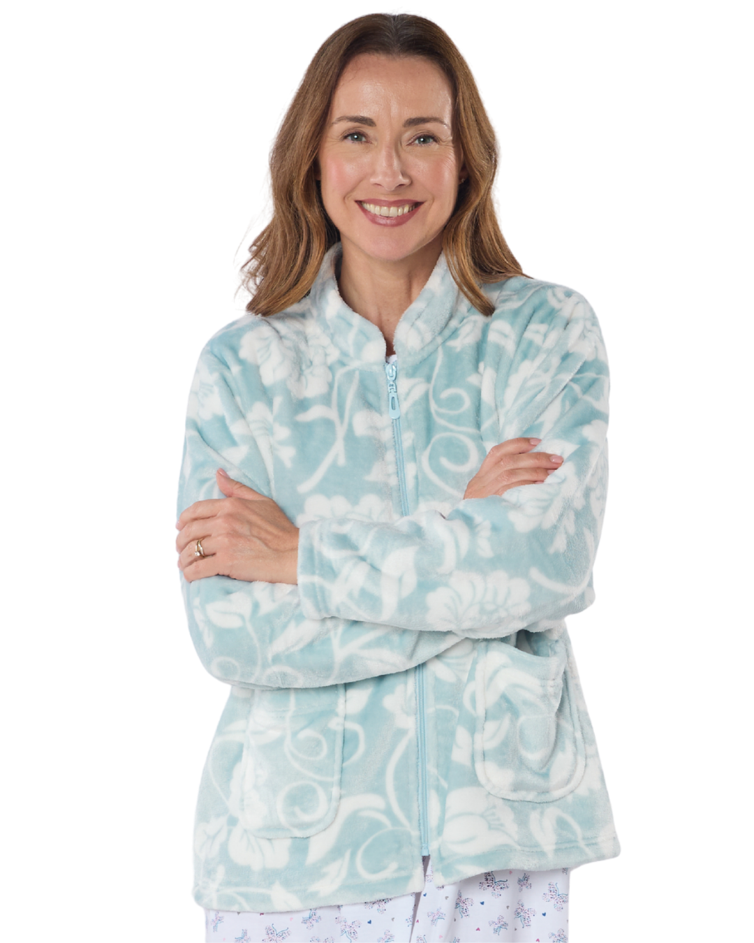 Women's Elegance Printed Fleece Long Sleeve Zip Fastening Bed Jacket