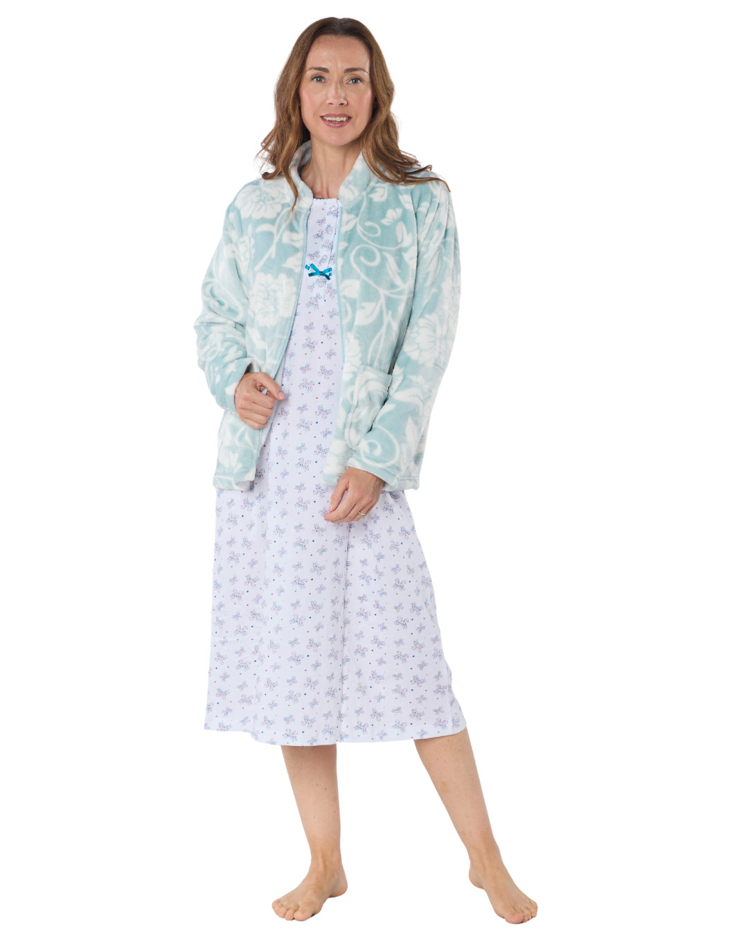 Women's Elegance Printed Fleece Long Sleeve Zip Fastening Bed Jacket