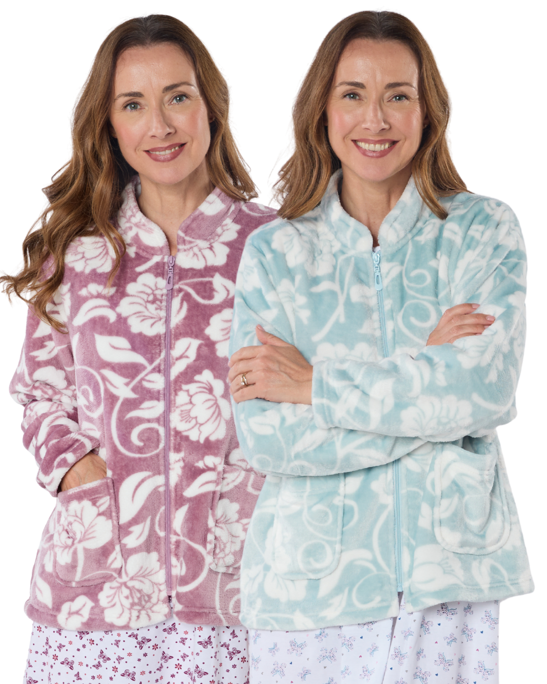 Women's Elegance Printed Fleece Long Sleeve Zip Fastening Bed Jacket