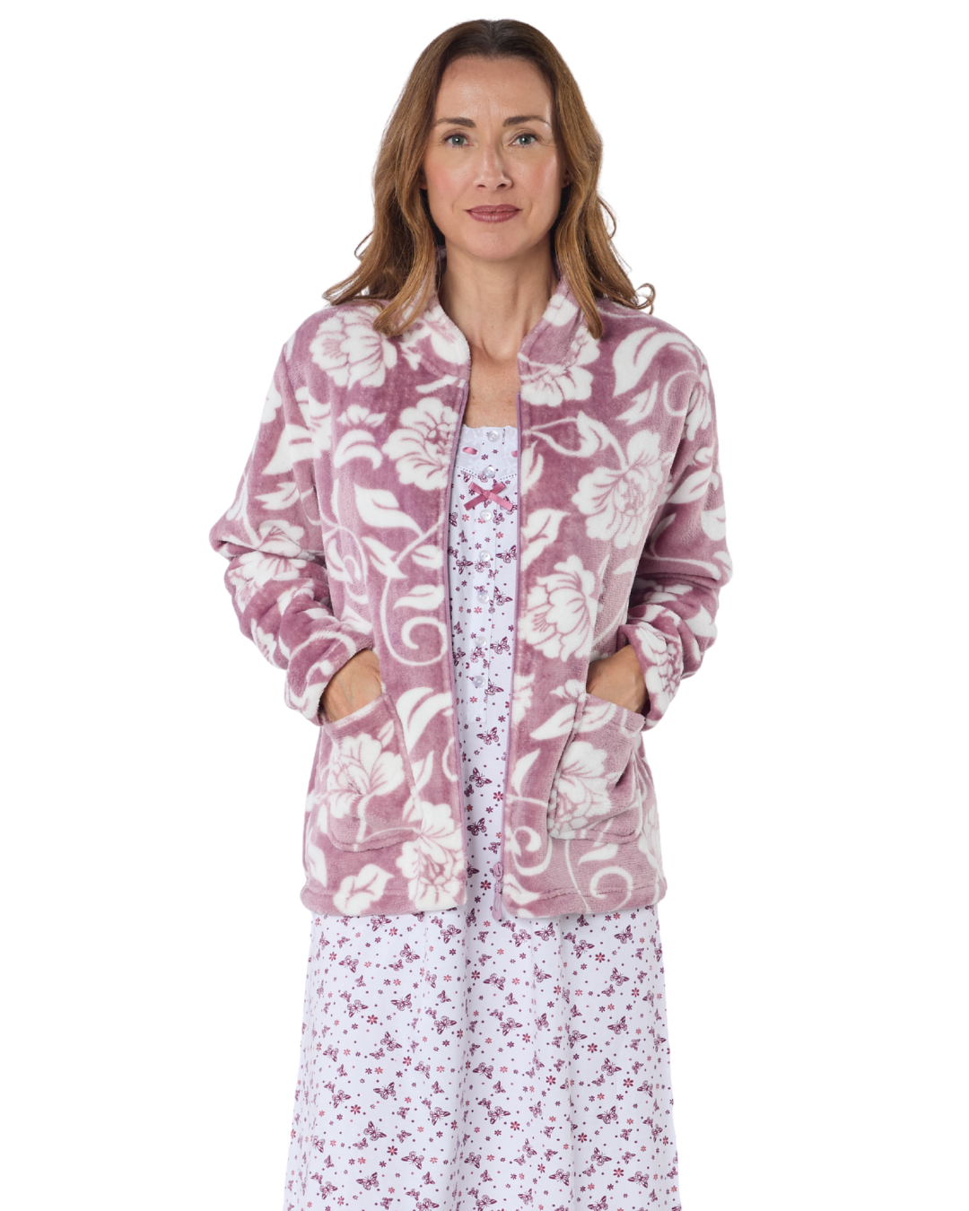 Women's Elegance Printed Fleece Long Sleeve Zip Fastening Bed Jacket