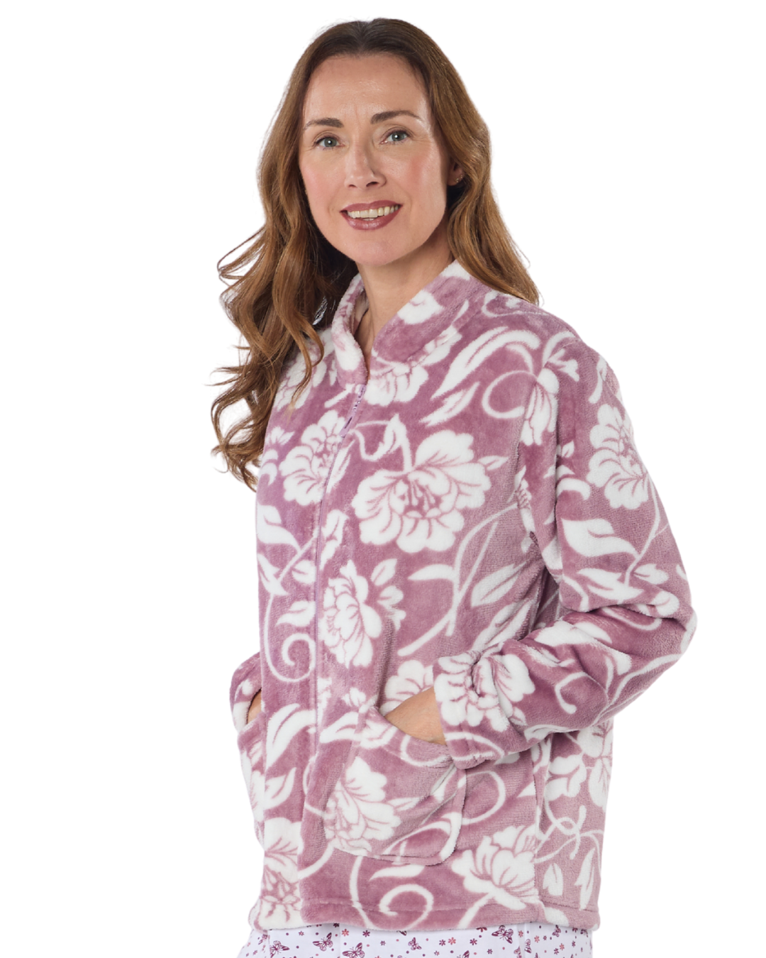 Women's Elegance Printed Fleece Long Sleeve Zip Fastening Bed Jacket