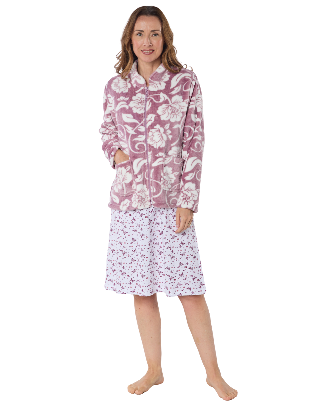 Women's Elegance Printed Fleece Long Sleeve Zip Fastening Bed Jacket