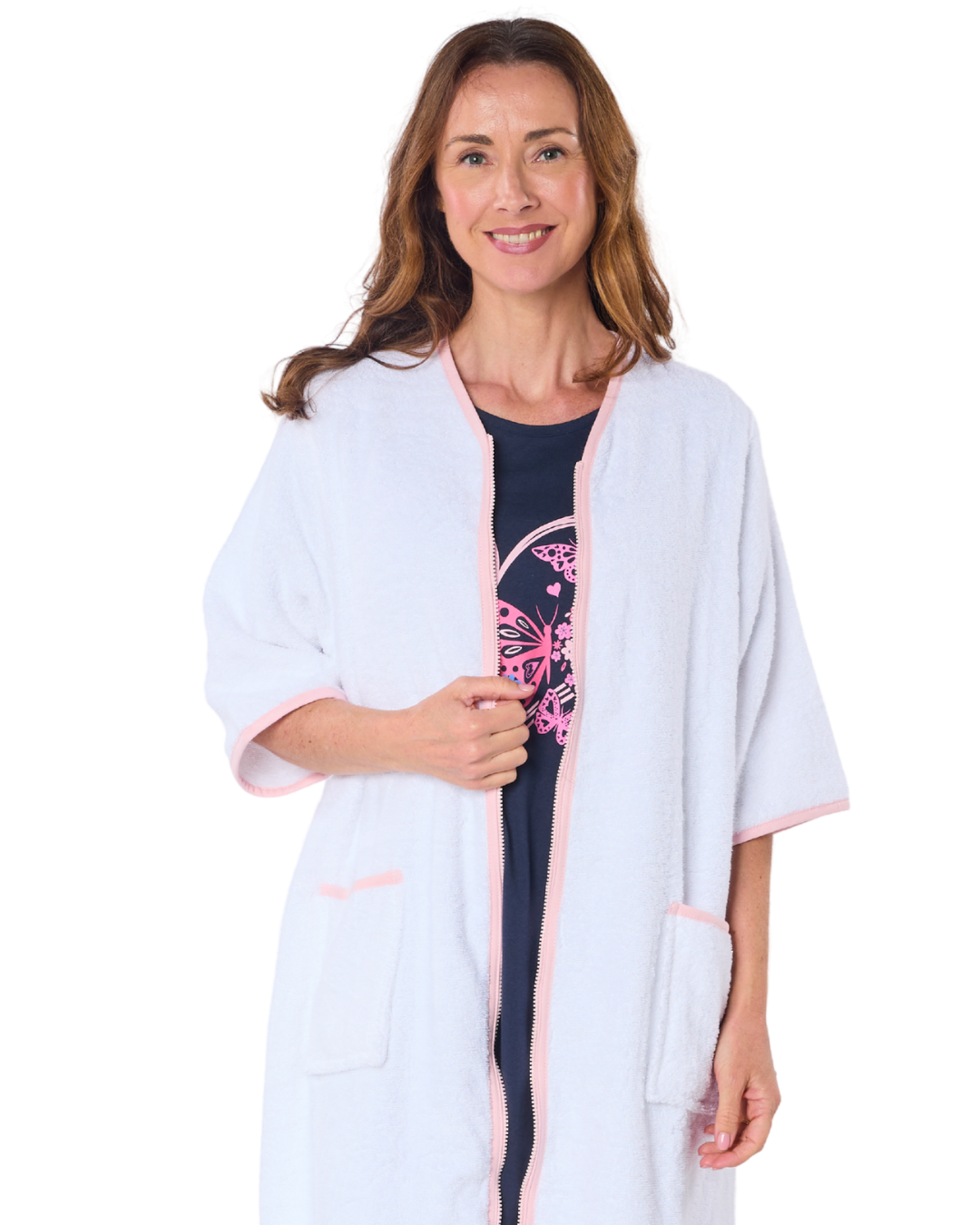 100% Cotton Towelling Zip 3/4 Sleeve Dressing Gown