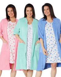 Women's 100% Cotton Towelling Zip 3/4 Sleeve Dressing Gown