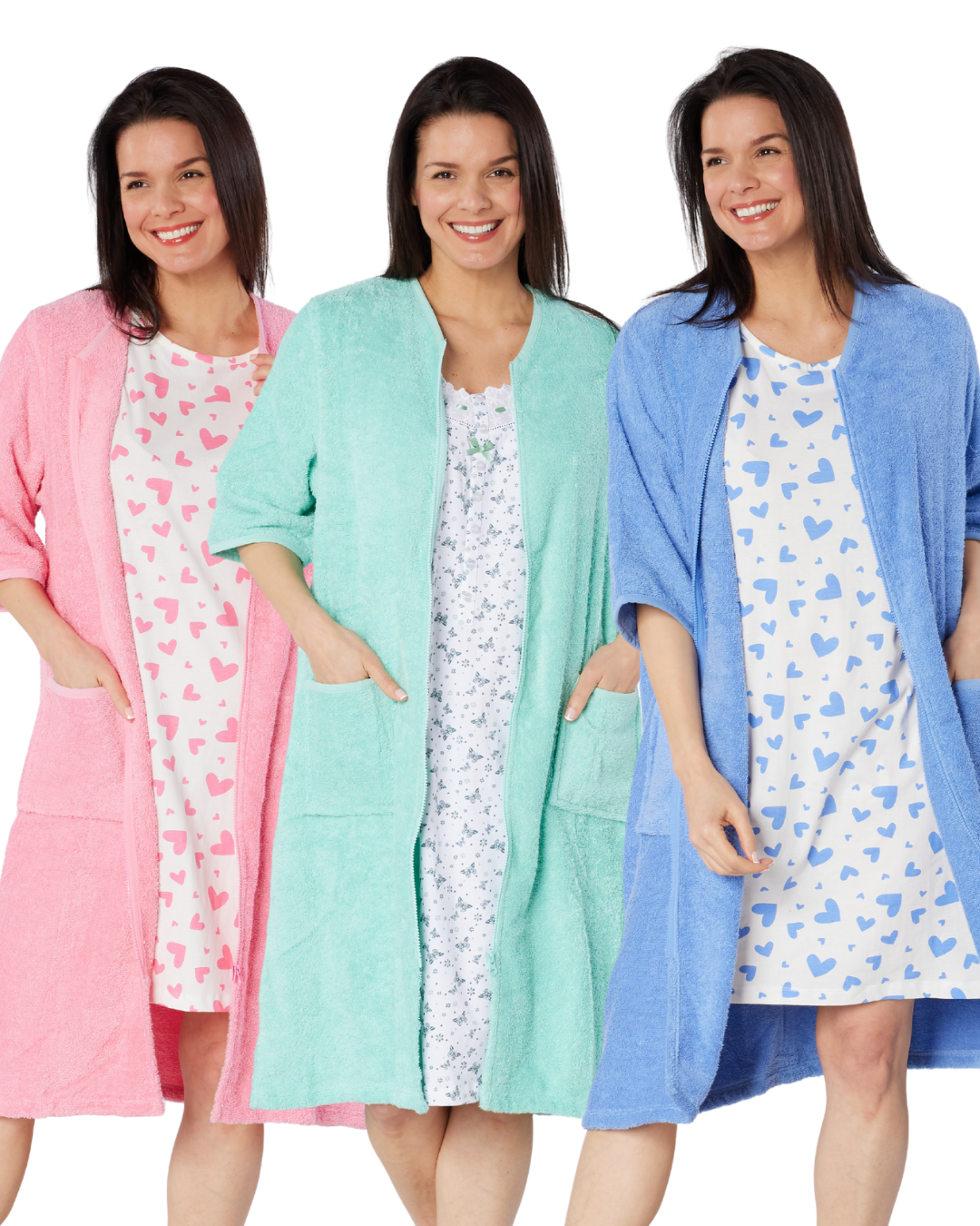 Women's 100% Cotton Towelling Zip 3/4 Sleeve Dressing Gown