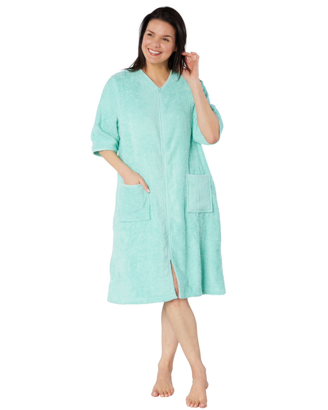 Women's 100% Cotton Towelling Zip 3/4 Sleeve Dressing Gown