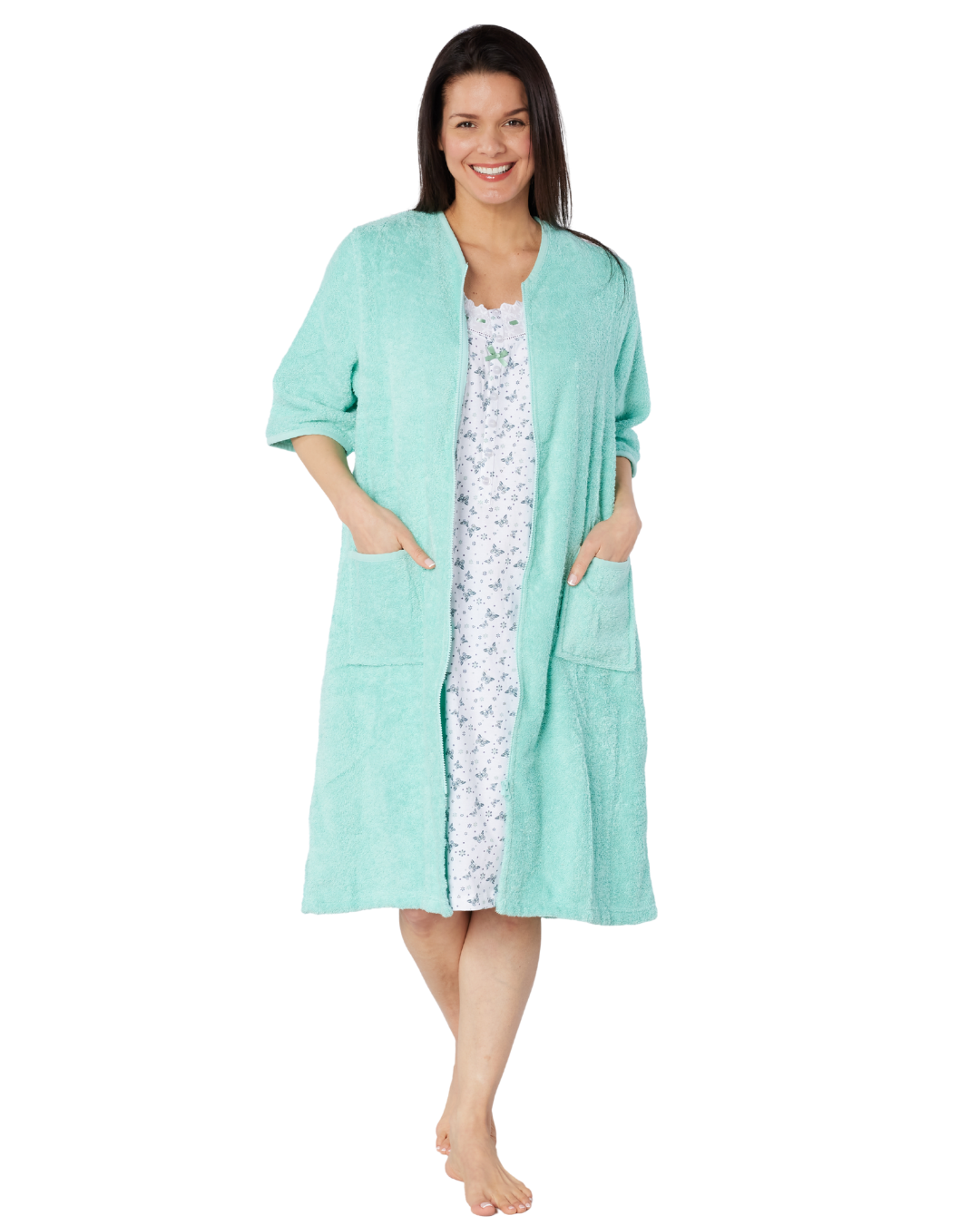 Women's 100% Cotton Towelling Zip 3/4 Sleeve Dressing Gown