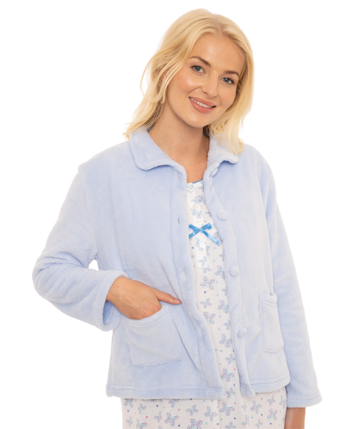 Women's Coral Fleece Long Sleeve Button Fastening Bed Jacket
