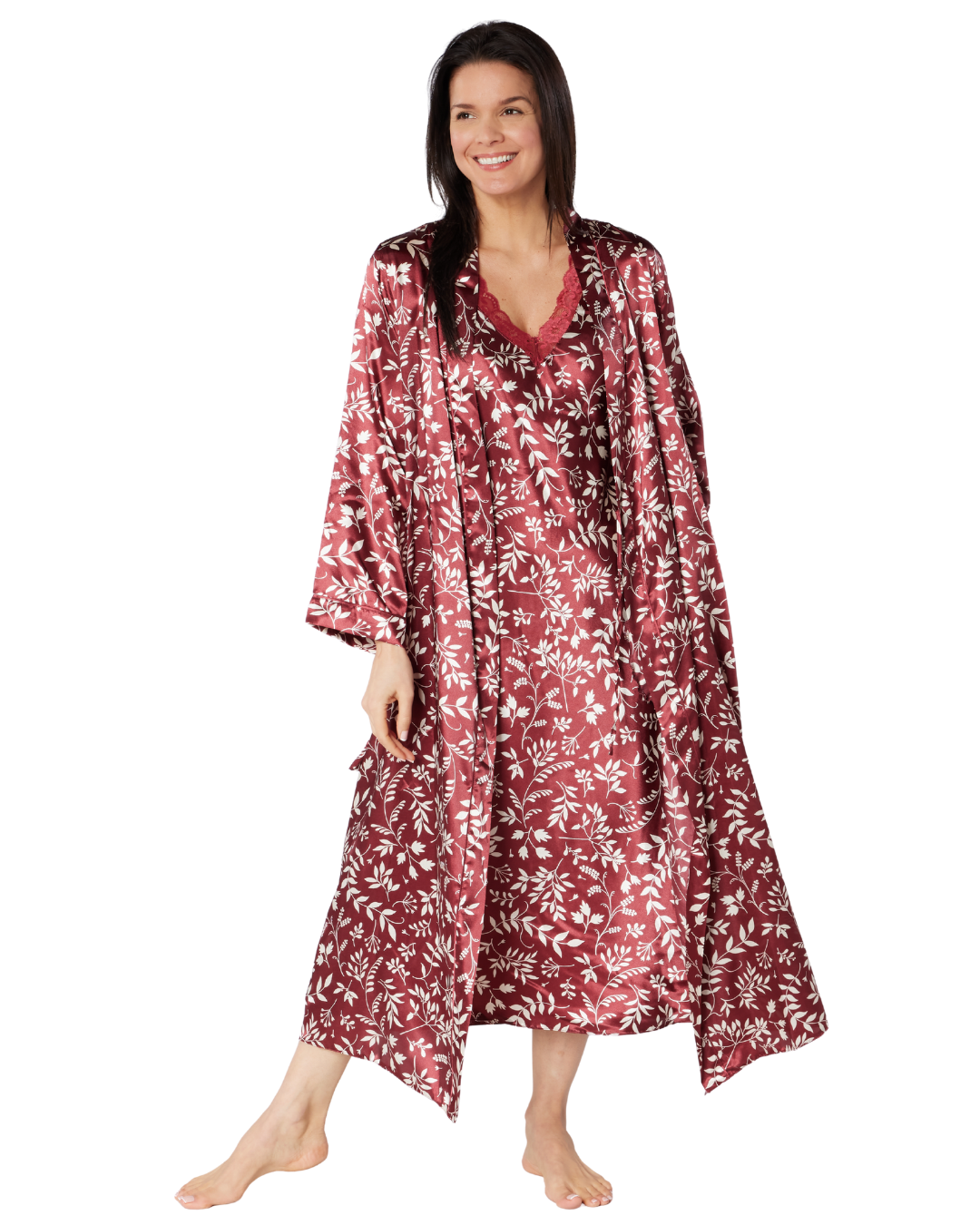 Satin Autumn Bouquet Printed Tie Waist Long Sleeve Dressing Gown