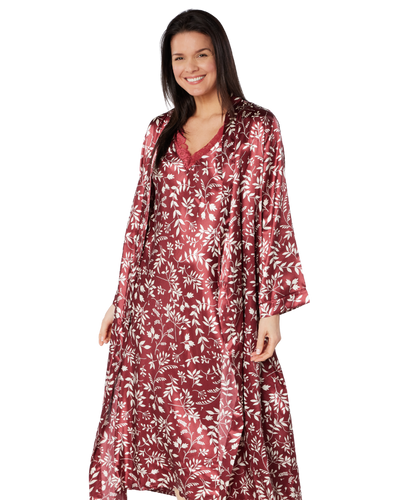 Satin Autumn Bouquet Printed Tie Waist Long Sleeve Dressing Gown