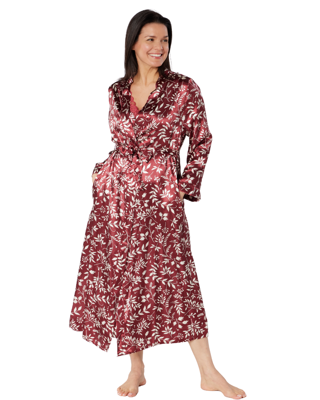 Satin Autumn Bouquet Printed Tie Waist Long Sleeve Dressing Gown