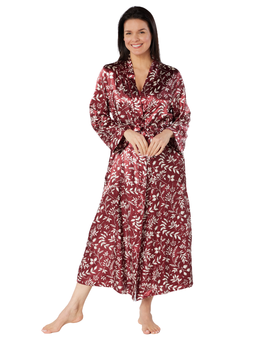 Satin Autumn Bouquet Printed Tie Waist Long Sleeve Dressing Gown