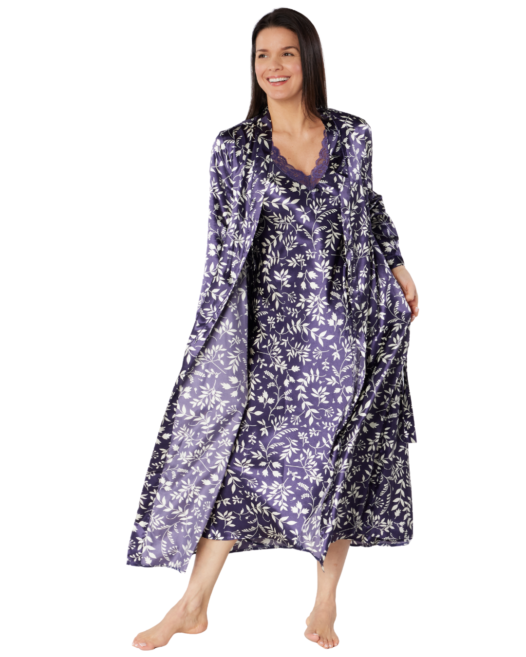 Satin Autumn Bouquet Printed Tie Waist Long Sleeve Dressing Gown