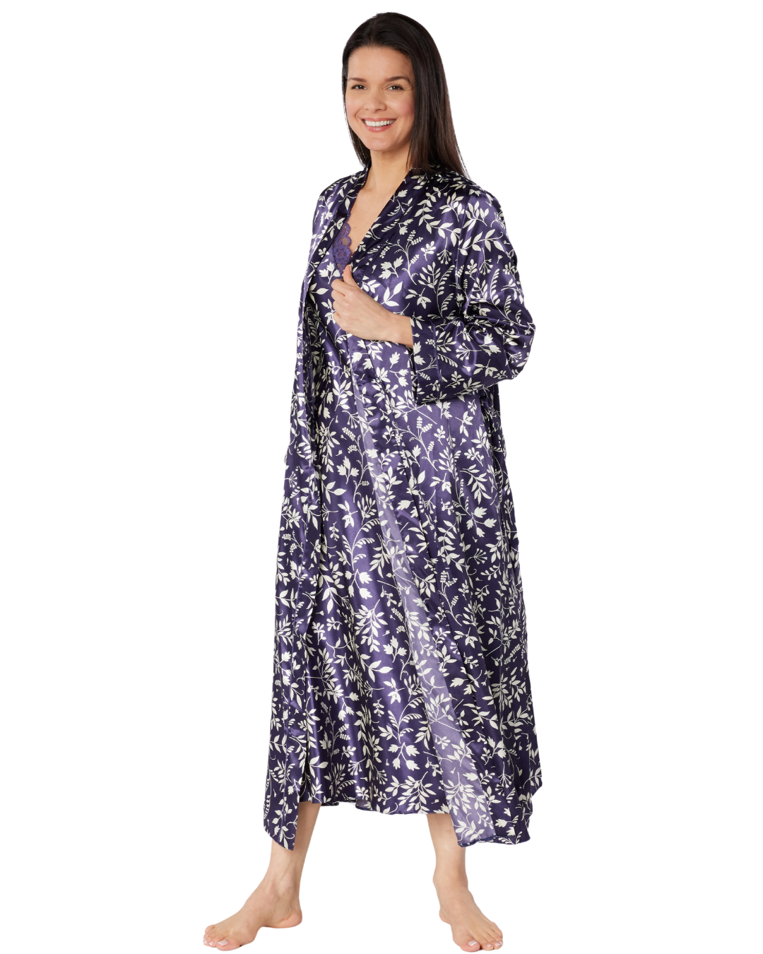 Satin Autumn Bouquet Printed Tie Waist Long Sleeve Dressing Gown