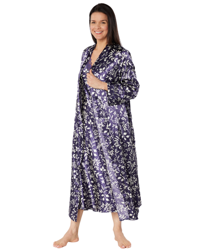 Satin Autumn Bouquet Printed Tie Waist Long Sleeve Dressing Gown