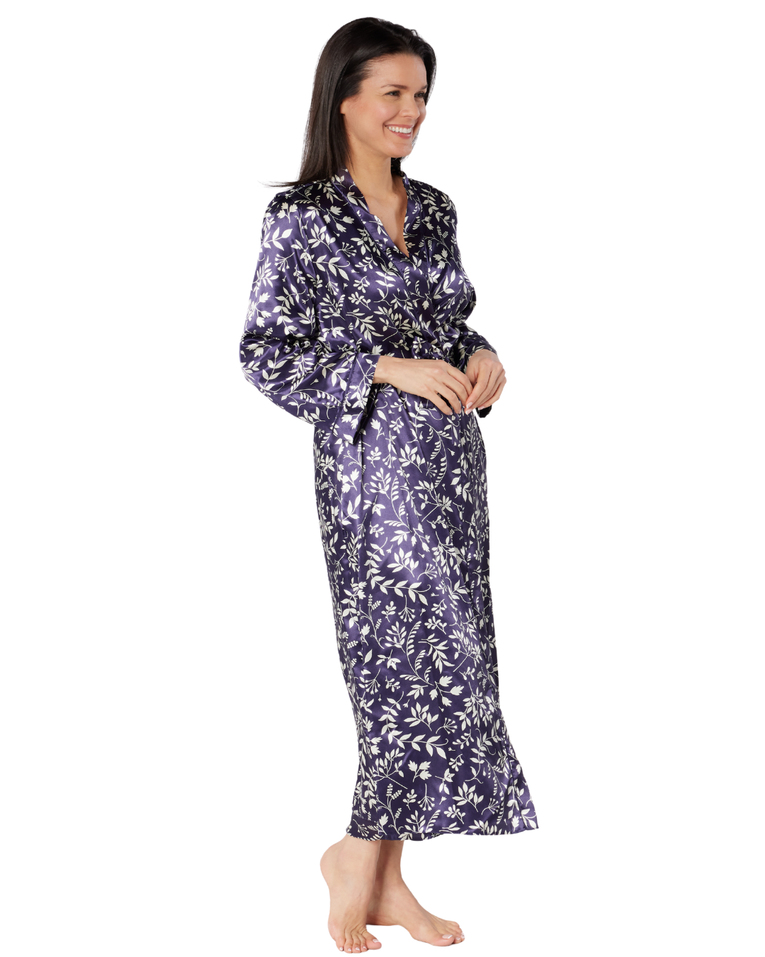 Satin Autumn Bouquet Printed Tie Waist Long Sleeve Dressing Gown