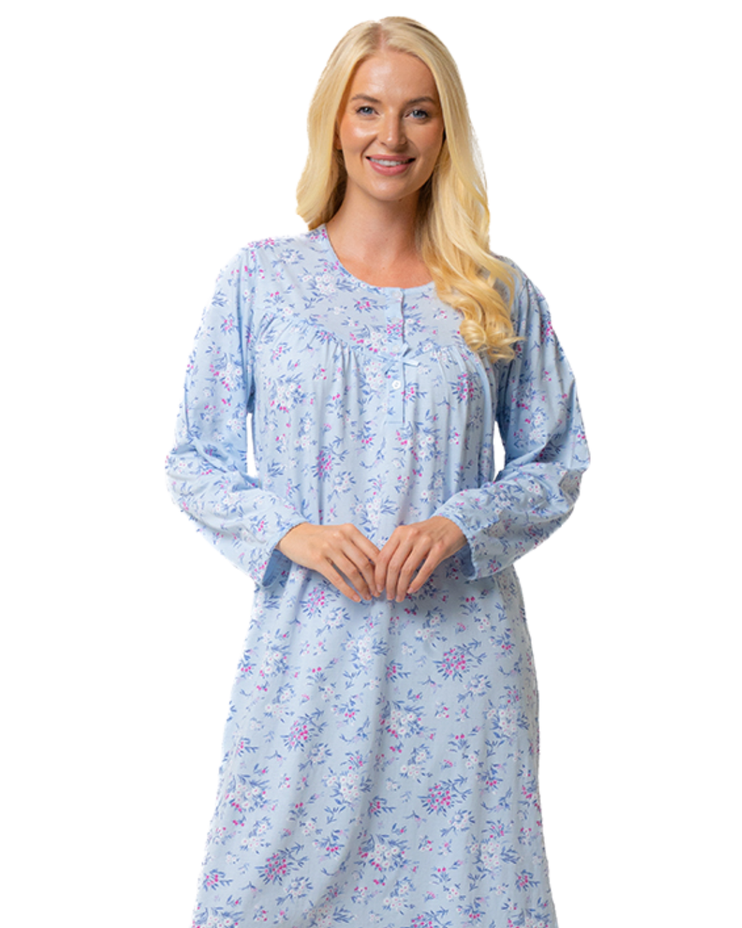 Ladies 100% Cotton Long Sleeve 45" Length Floral Bouquet Nightdress