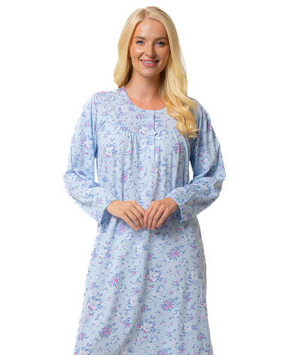 Ladies 100% Cotton Long Sleeve 45" Length Floral Bouquet Nightdress