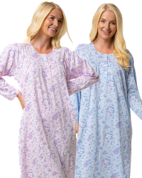 Ladies 100% Cotton Long Sleeve 45" Length Floral Bouquet Nightdress