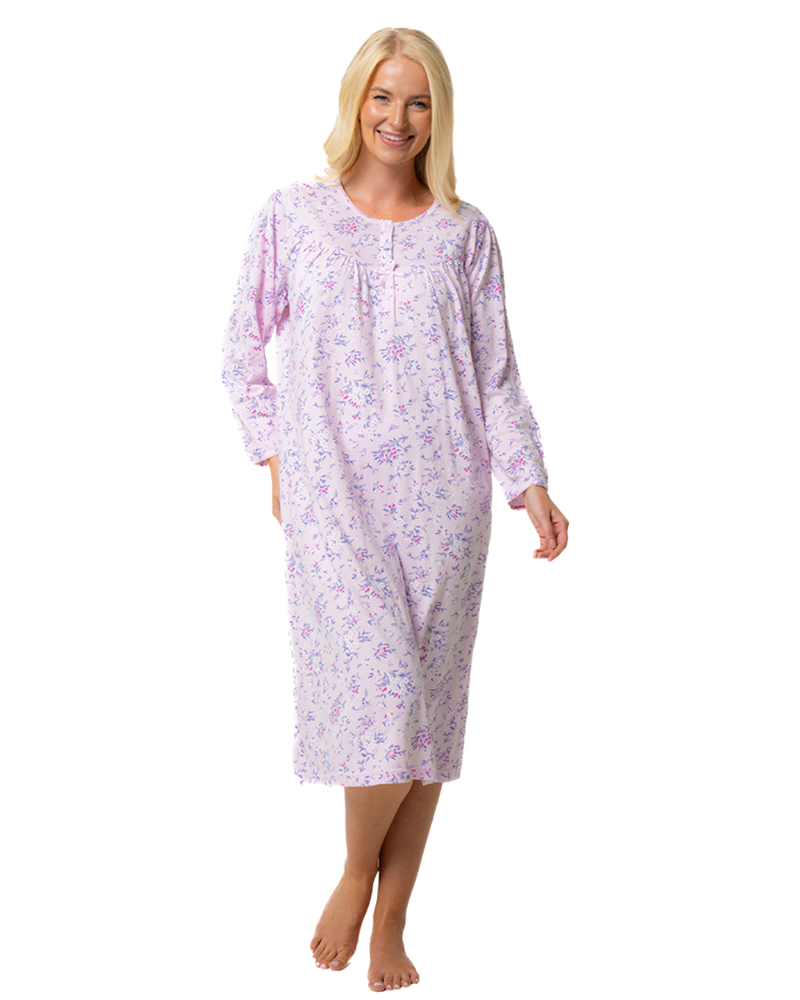 Ladies 100% Cotton Long Sleeve 45" Length Floral Bouquet Nightdress