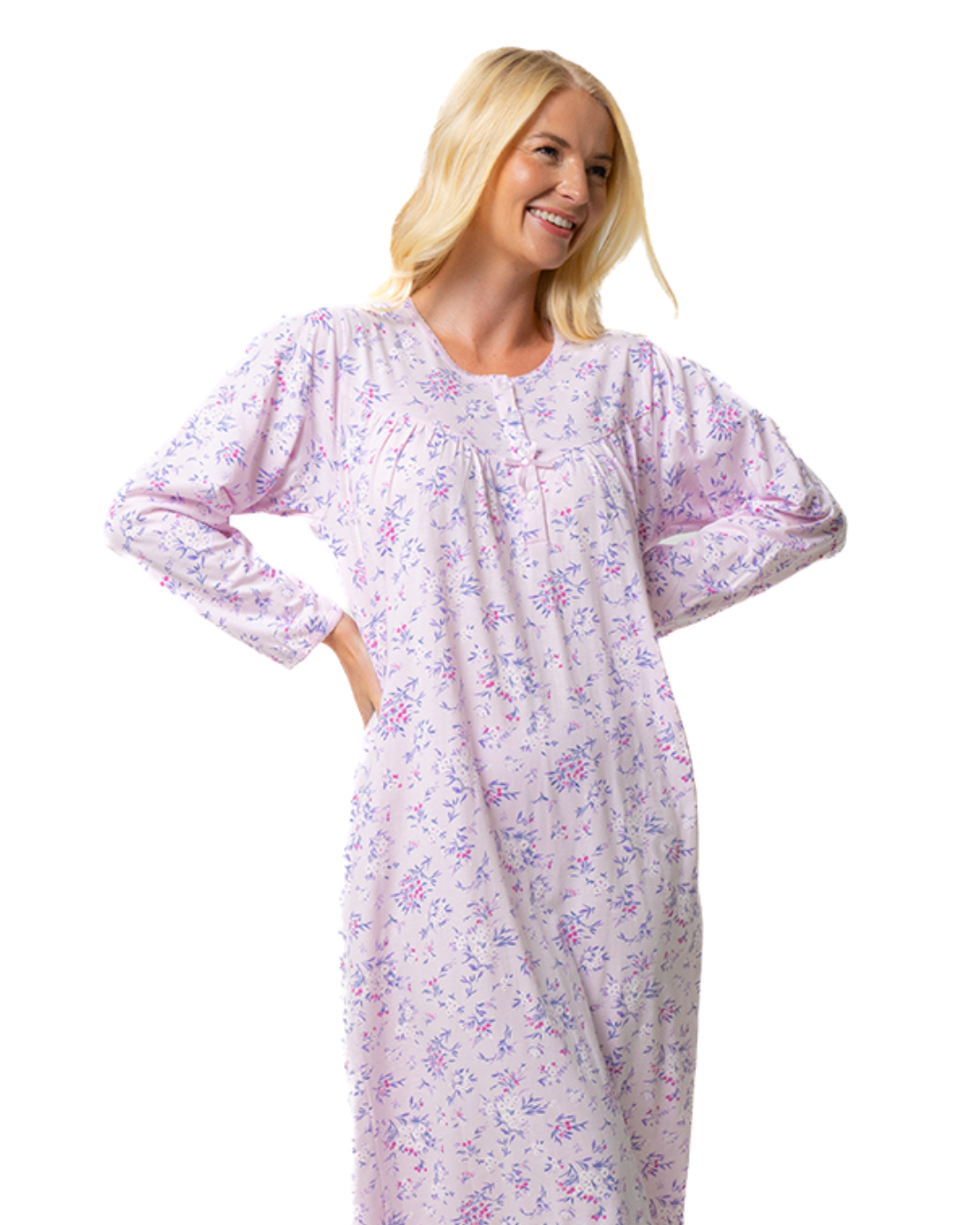 Ladies 100% Cotton Long Sleeve 45" Length Floral Bouquet Nightdress