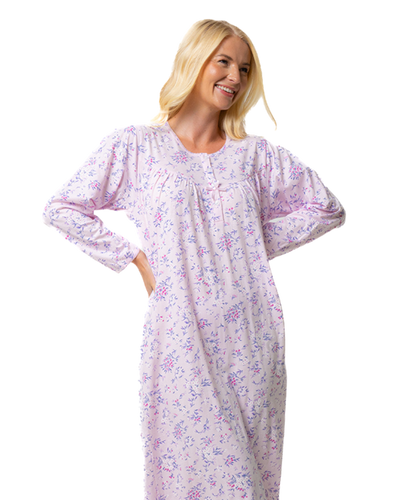 Ladies 100% Cotton Long Sleeve 45" Length Floral Bouquet Nightdress