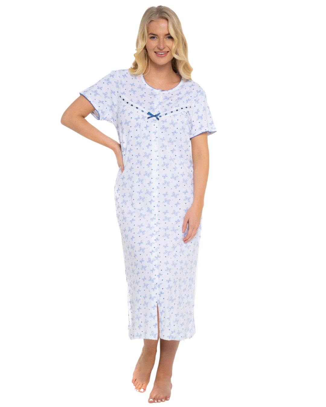 Butterfly Print 100% Cotton Jersey Button Through Nightdress