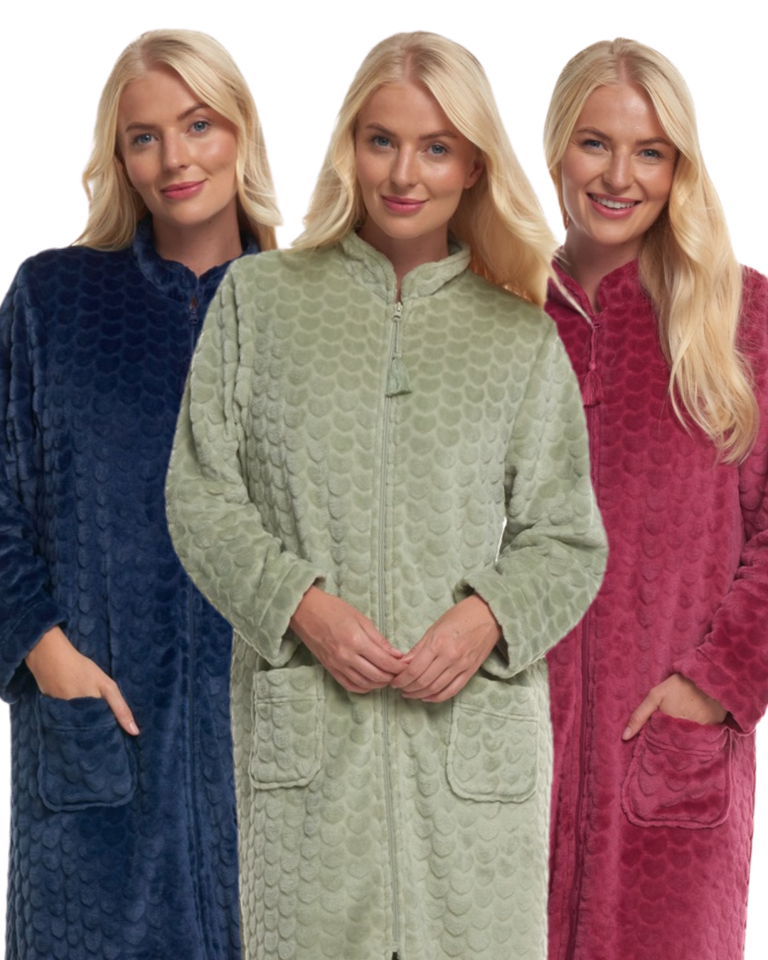 Women's Embossed Fleece Zip Dressing Gown with Front Pockets