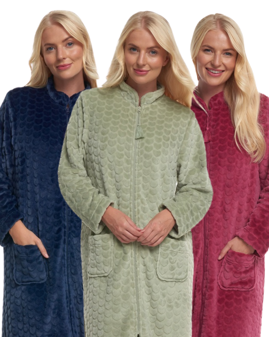 Luxury Embossed Fleece Zip Dressing Gown