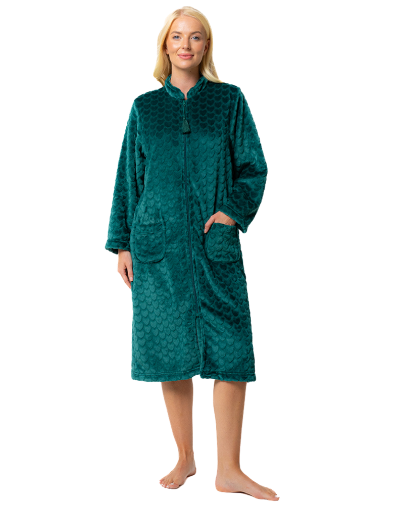 Women's Embossed Fleece Zip Dressing Gown with Front Pockets