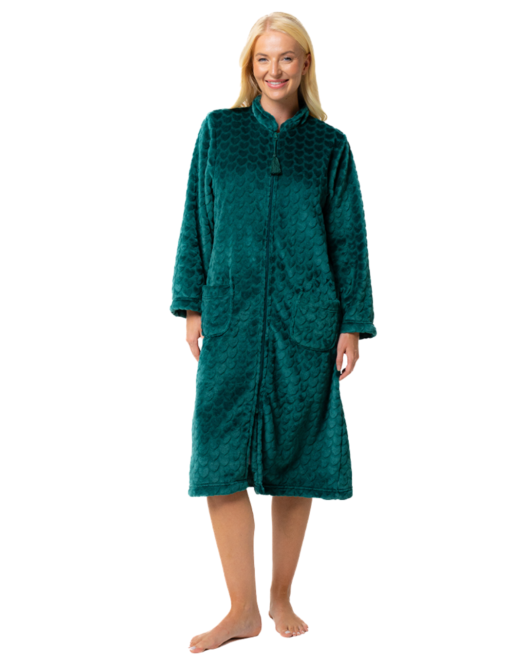 Women's Embossed Fleece Zip Dressing Gown with Front Pockets