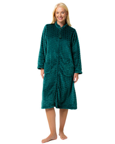 Women's Embossed Fleece Zip Dressing Gown with Front Pockets