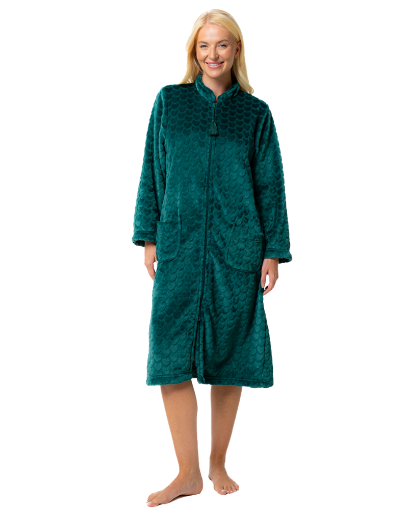 Women's Embossed Fleece Zip Dressing Gown with Front Pockets
