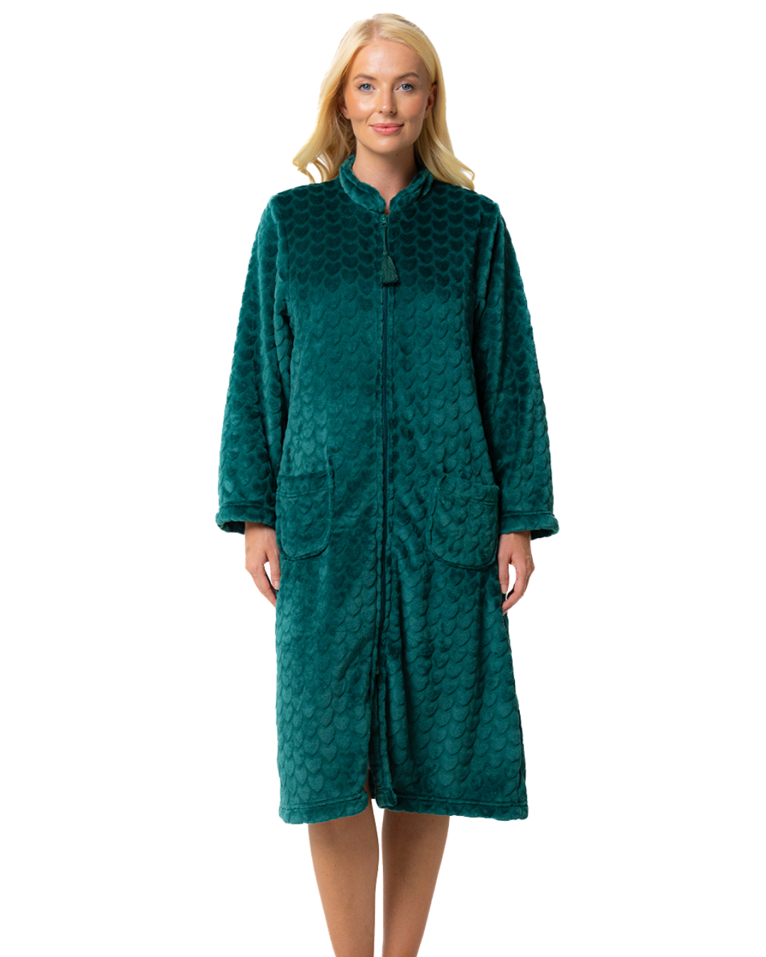 Women's Embossed Fleece Zip Dressing Gown with Front Pockets