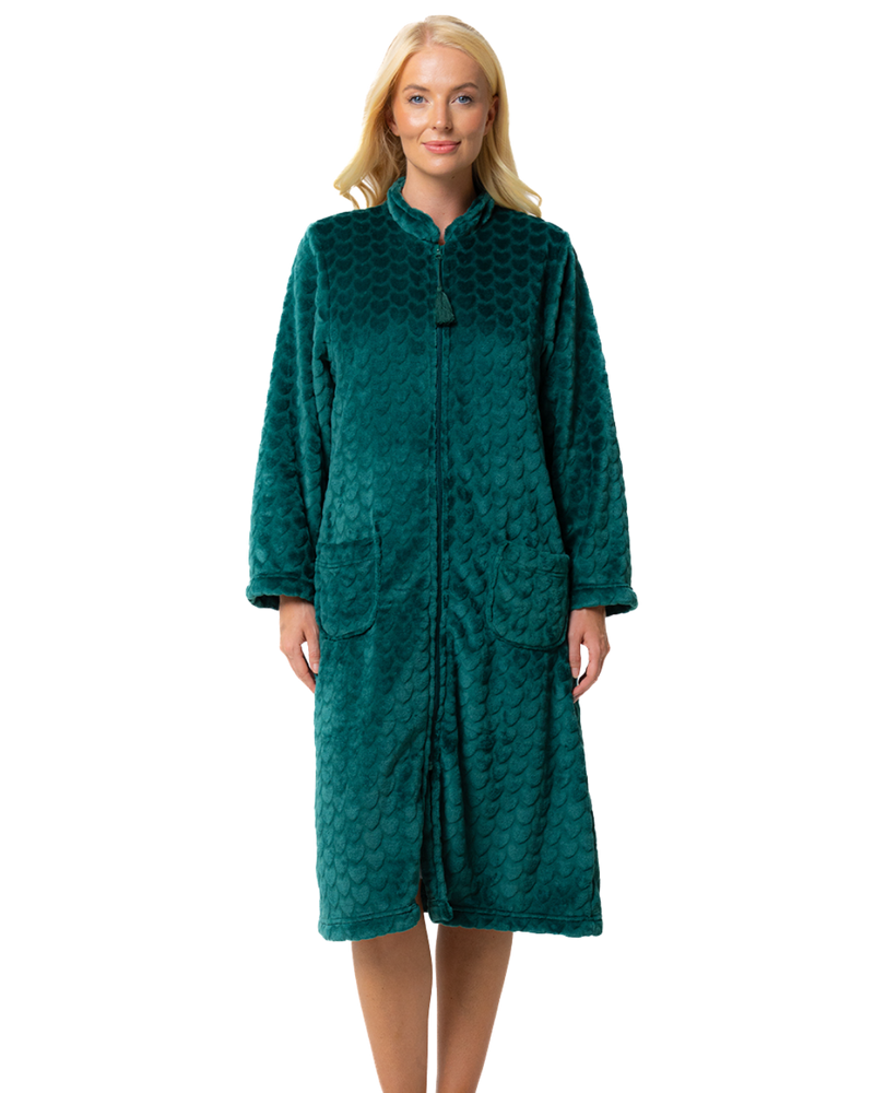 Women's Embossed Fleece Zip Dressing Gown with Front Pockets